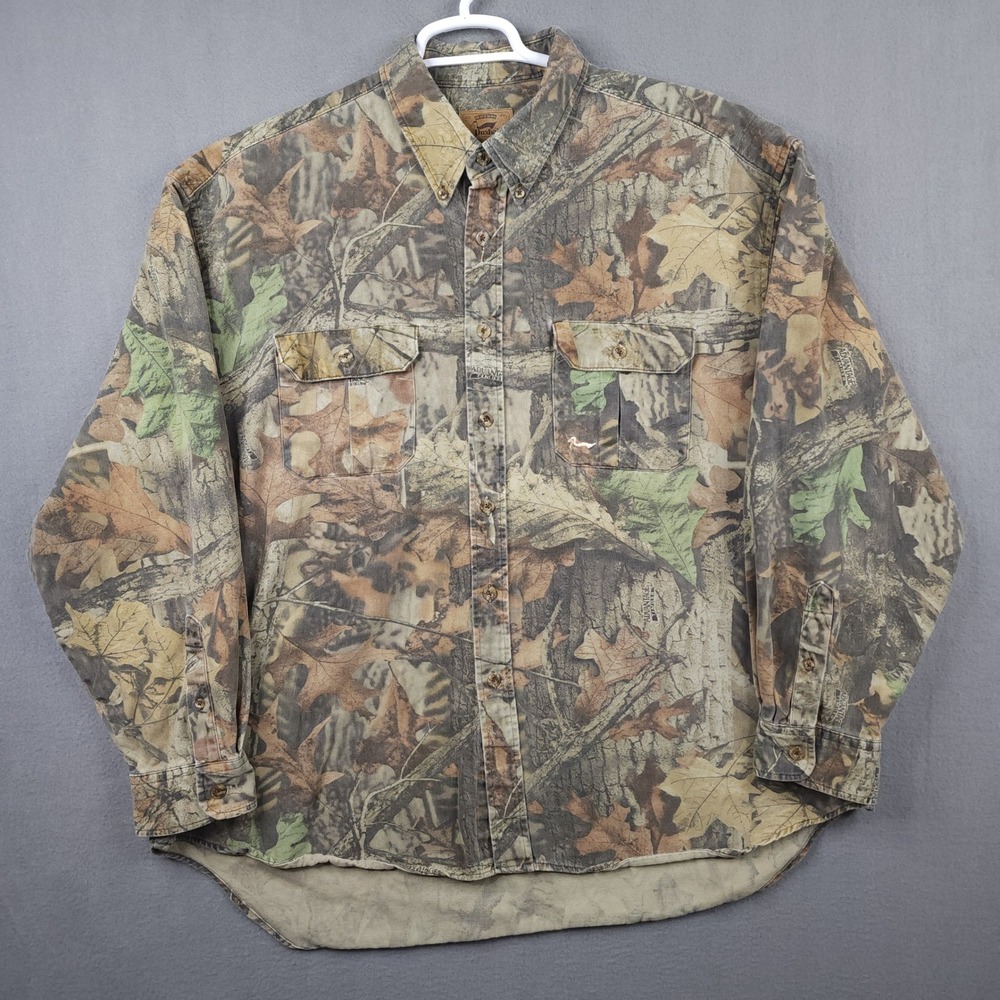 Vintage Duxbak Men Advantage Timber Camo Button Hunting Shirt Long Sleeve Cotton